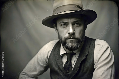 Vintage Portrait of Bearded Man Hat Vest Tie White Shirt Neutral Background