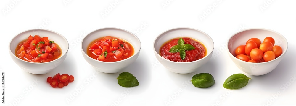 2. Develop a high-resolution image set featuring bowls filled with tomato sauce, expertly isolated on a clean white background. Emphasize the richness and freshness of the sauce to enhance food 2. Develop a high-resolution image set featuring bowls filled with tomato sauce, expertly isolated on a clean white background. Emphasize the richness and freshness of the sauce to enhance food