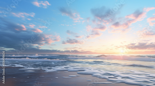 Calm Sunrise Ocean with Soft Waves on Deserted Shore