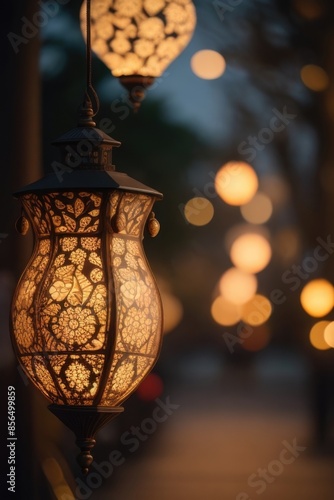 A glowing paper lantern hangs in front of a blurred background