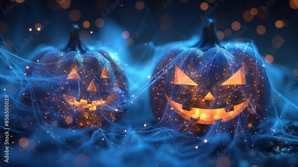 Glowing jack-o'-lanterns surrounded by cobwebs and bokeh lights, creating a spooky yet festive Halloween atmosphere. Glowing jack-o'-lanterns surrounded by cobwebs and bokeh lights, creating a spooky yet festive Halloween atmosphere.