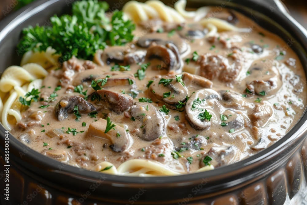 Close-Up of Creamy Mushroom Stroganoff with Noodles Close-Up of Creamy Mushroom Stroganoff with Noodles