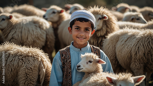 Close-up photo, A Muslim boy with a group of sheep, Eid al-Adha concept photo