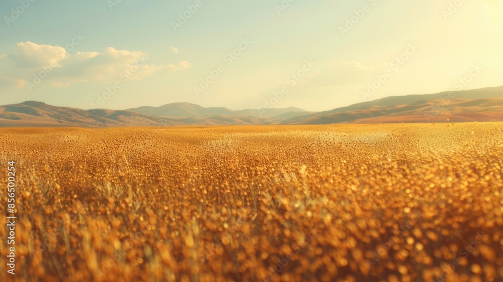 A vast golden wheat field under a clear sky, with mountains in the background, capturing the essence of harvest season.
