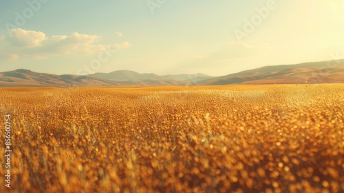 A vast golden wheat field under a clear sky, with mountains in the background, capturing the essence of harvest season. © tashechka