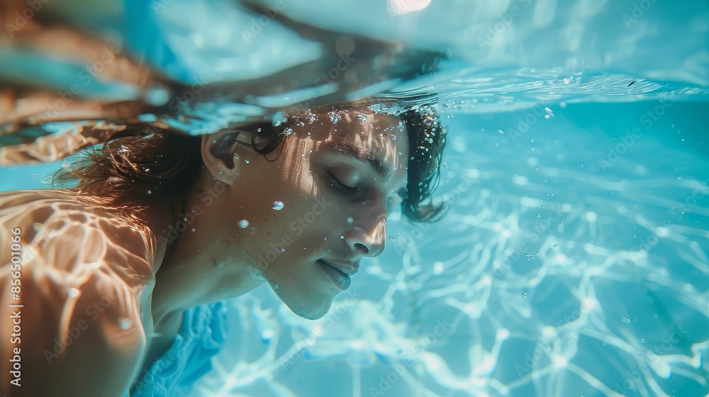 Underwater massage therapy in a clear blue pool, surrealistic style, therapeutic and dreamy Underwater massage therapy in a clear blue pool, surrealistic style, therapeutic and dreamy