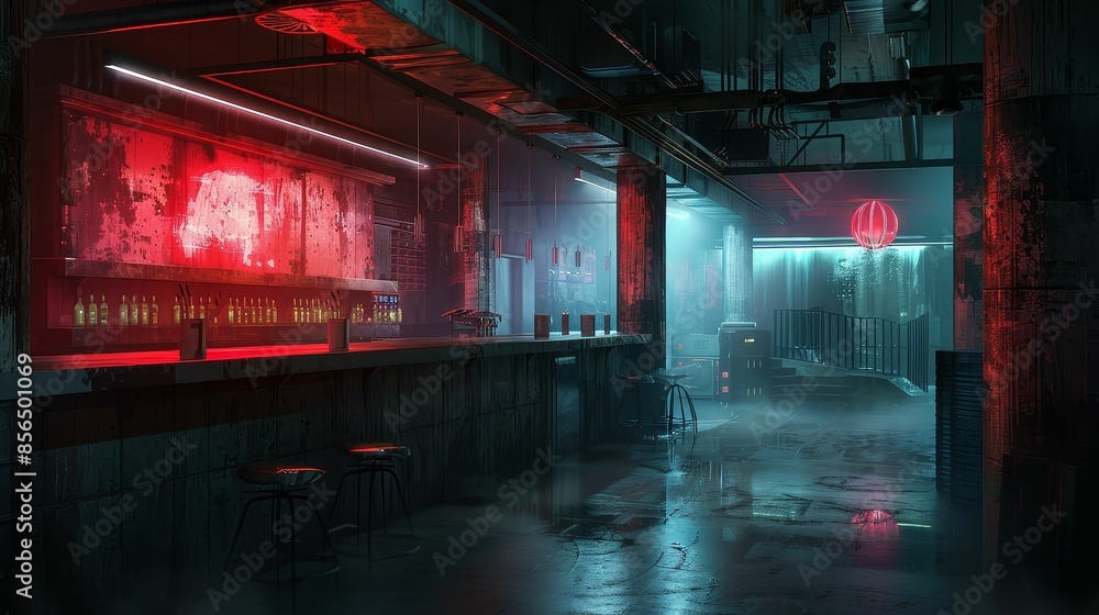 Fototapeta premium Underground techno club, industrial design, dark and moody digital art, gritty music scene