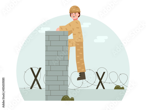 Soldier climbing the wall. Army vector illustration