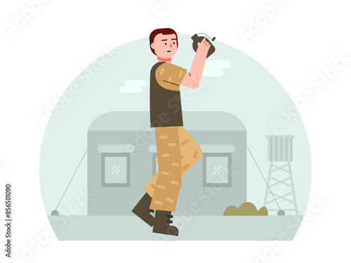 Military man drinking. Army vector illustration