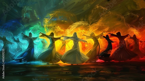 Sufi dervishes performing a whirling ceremony, mystical atmosphere, vibrant digital painting, spiritual dance