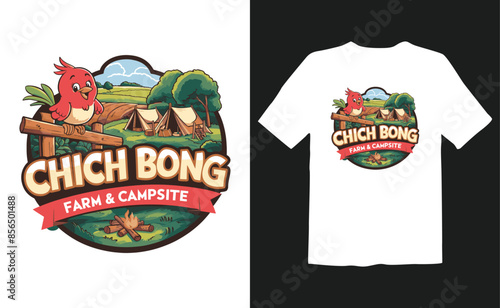 a t - shirt design with a picture of a tree and a farm & campsite logo