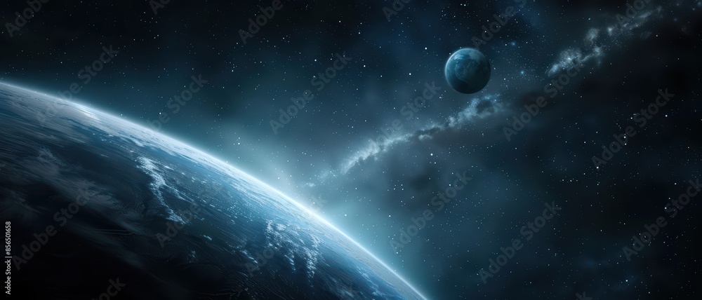 Naklejka premium Stunning View of Earth and Moon from Space with Starry Background and Milky Way Galaxy