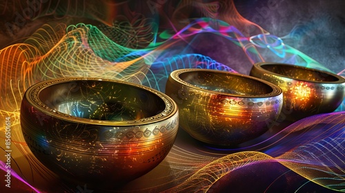 Sound therapy session with Tibetan singing bowls, vibrant sound waves, digital art, auditory healing