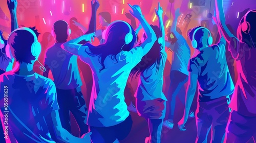 Silent disco event, dancers with headphones, unique and modern, digital illustration, quiet yet energetic