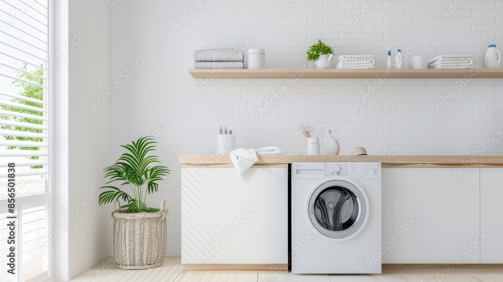 Modern Minimalist Laundry Room with Washing Machine and Natural Decor Elements Modern Minimalist Laundry Room with Washing Machine and Natural Decor Elements
