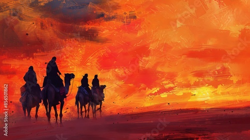 Nomads riding camels at sunset in a desert, silhouette, vibrant orange sky, digital watercolor © Jiraphiphat