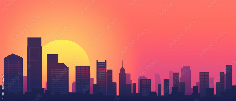 Vibrant Sunset Over Modern City Skyline with Silhouetted Skyscrapers and Colorful Sky