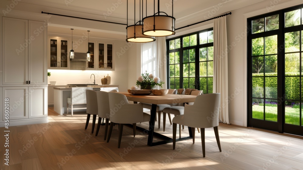 Modern Open-Concept Dining Room and Kitchen with Large Windows Overlooking a Lush Garden Modern Open-Concept Dining Room and Kitchen with Large Windows Overlooking a Lush Garden
