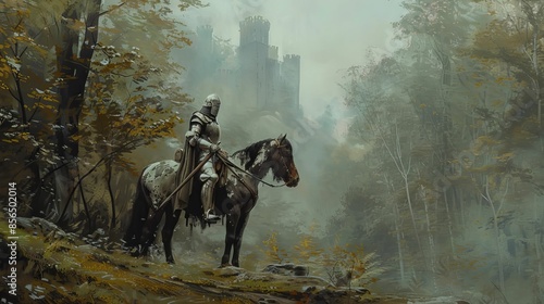 Medieval knight on horseback in a misty forest, digital oil painting, historical fantasy