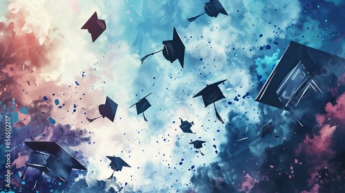 High school graduation day, caps thrown in the air, celebratory, digital watercolor, milestone achievement