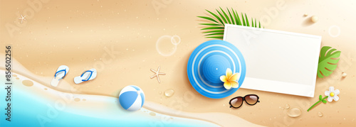 White paper space, summer blue women hat, beach ball, coconut leaf, sunglasses, flip flop, on sand beach background banner design, Eps 10 vector illustration
