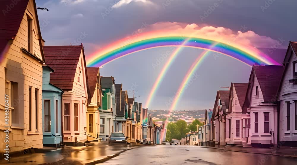 Rainbow Over the City, Rain Bow Sky Town Landscape, Urban Cityscape after Rain, Rainbow Over Houses Rainbow Over the City, Rain Bow Sky Town Landscape, Urban Cityscape after Rain, Rainbow Over Houses