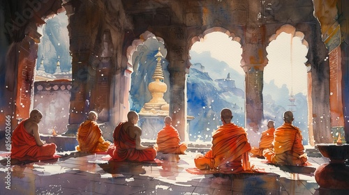 Buddhist monks meditating in a Himalayan monastery, tranquil, watercolor, spiritual peace photo