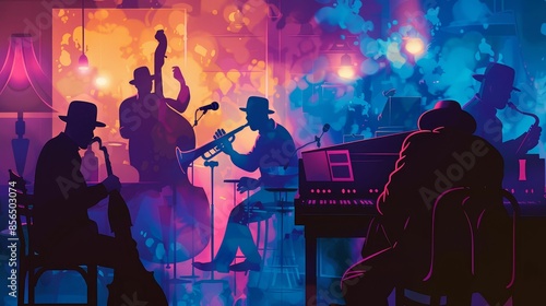 A jazz band playing in a smoky bar, vibrant colors, vintage illustration, music and culture photo