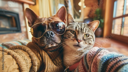 Adorable Dog and Cat Posing Together in Clothes for a Selfie, Featured on Social Media in High-Definition
 photo