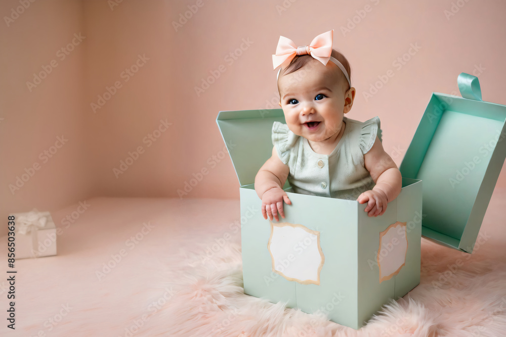 Fototapeta premium A baby sits smiling in a box in a pastel nursery, photography, ultra-fine details, with copy space for text.