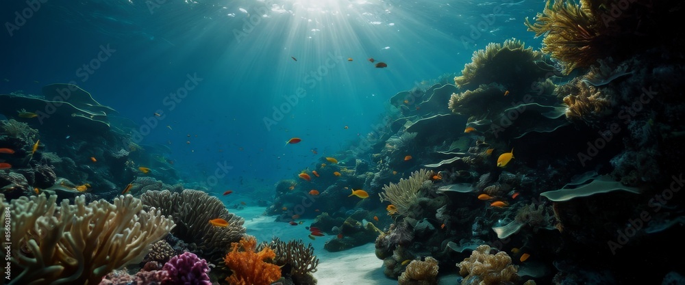 Fototapeta premium Underwater scene sunlight rays penetrating the surface illuminat