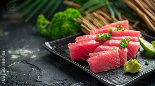 Fresh Tuna Sashimi on Black Plate with Green Mustard and Tropical Bamboo Palm Leaf Background, Highlighting Vibrant Colors and Exquisite Presentation photo
