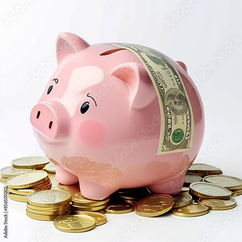 Illustrations of the world of business finance, cute baby piggy banks, dollar bills, coins. photo