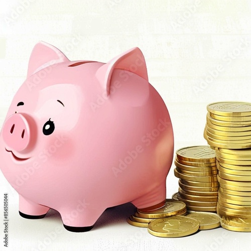 Illustrations of the world of business finance, cute baby piggy banks, dollar bills, coins. photo