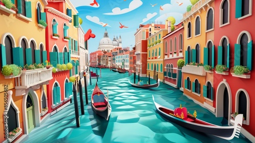 3D art paper wallpaper, Venice and gondolas, Italian landmarks, beautiful colors.