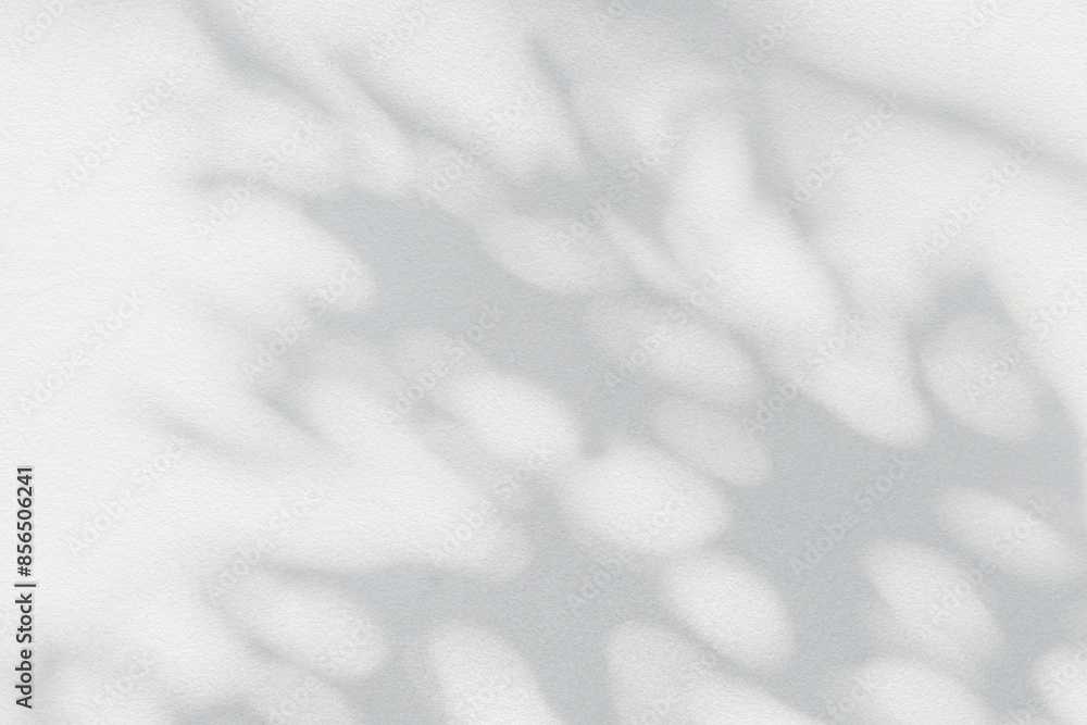 Obraz premium Abstract leaf shadow and light blurred background. Natural leaves tree branch shadows and sunlight dappled on white concrete wall texture for background wallpaper and design, shadow overlay effect