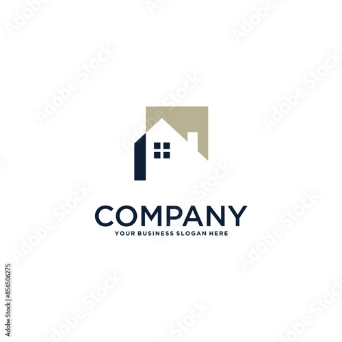 real estate logo design with house and building