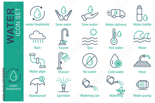 Water icon set. water treatment, save water, water bottle and more. line icon style. essential element vector illustration