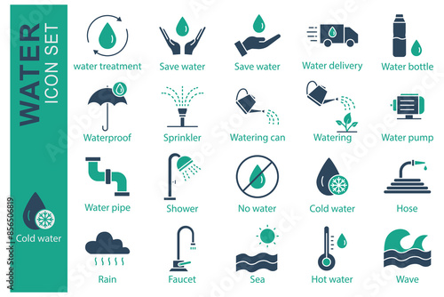 Water icon set. water treatment, save water, water bottle and more. solid icon style. essential element vector illustration