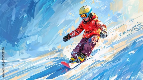 Spectacular cute child wearing full costume snowboarding down the slope
