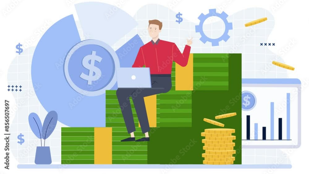 a working man sits on money stairs illustration business animated video a working man sits on money stairs illustration business animated video