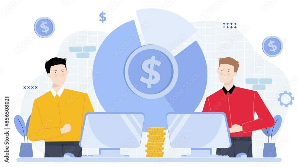 teamwork with pie chart and computer on the table business animated illustration video teamwork with pie chart and computer on the table business animated illustration video