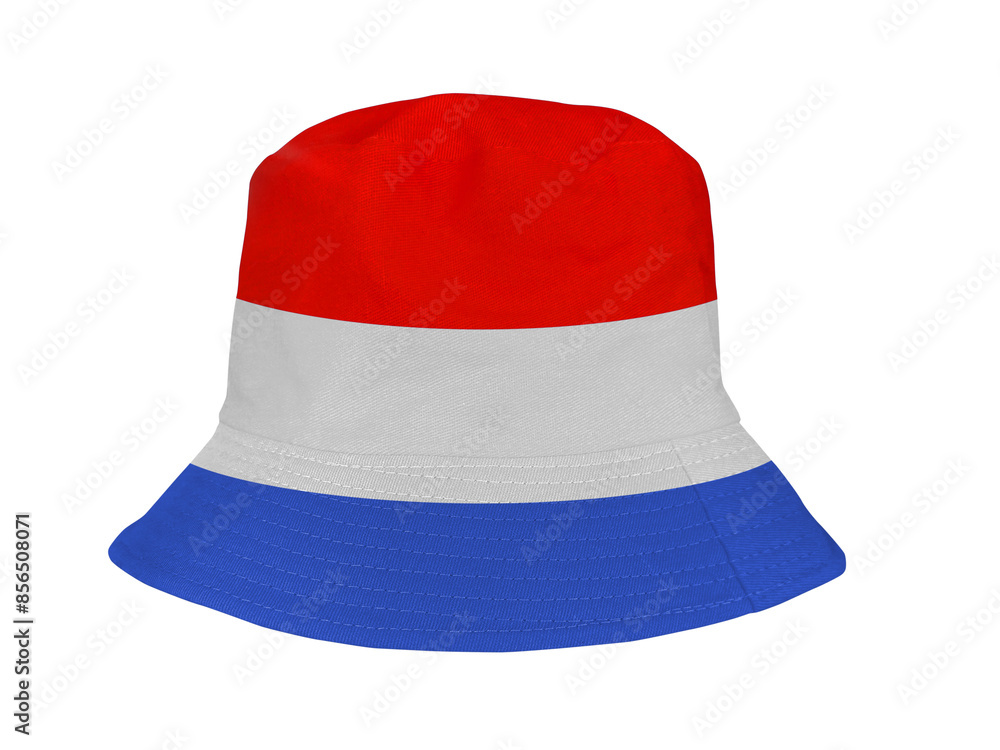 Red, white, blue bucket hats isolated on white background. Red, white, blue bucket hats isolated on white background.