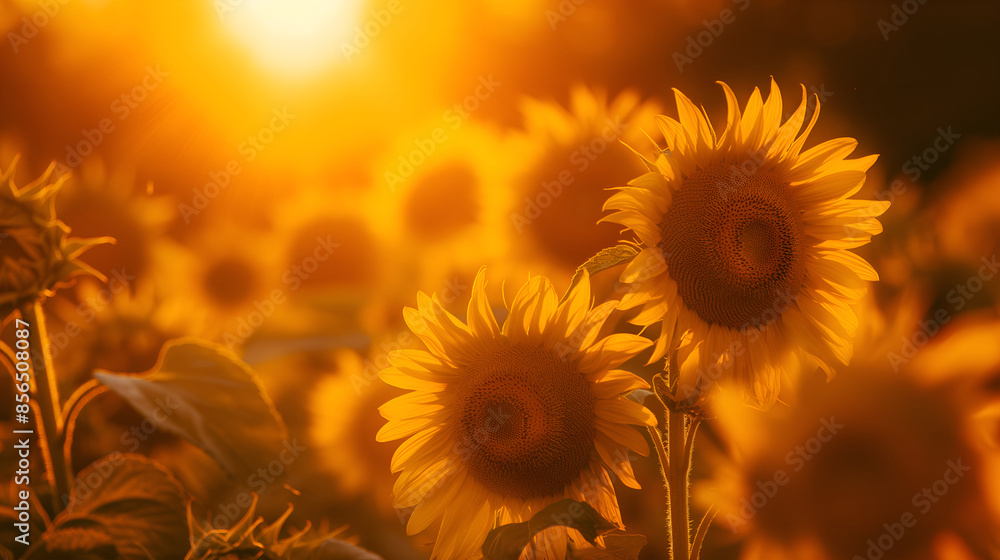 Obraz premium Golden Hour Sunflowers and Bees Buzzing in Warm Light
