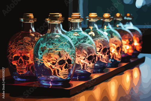 Three bottles of whiskey in the shape of skulls vector and illustration
