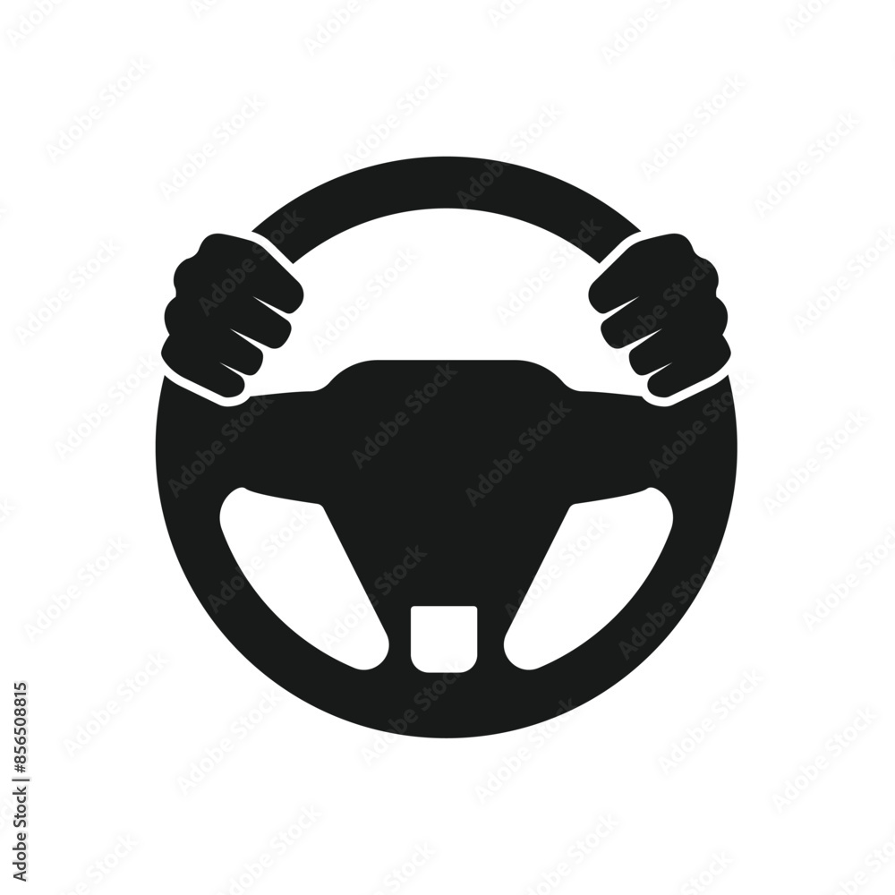 Steering wheel icon. Hands on steering wheel. Driver. Driving car. Test drive. Vector icon isolated on white background. Steering wheel icon. Hands on steering wheel. Driver. Driving car. Test drive. Vector icon isolated on white background.
