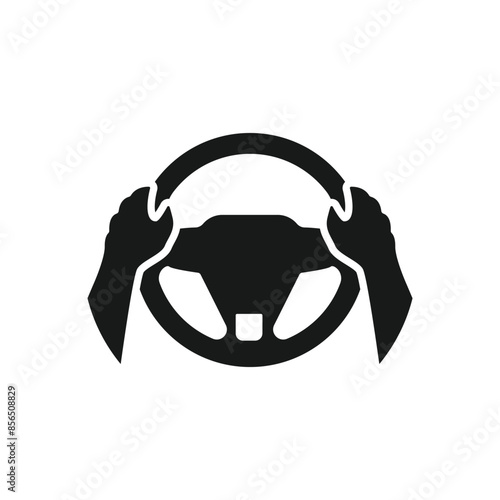 Steering wheel icon. Hands on steering wheel. Driver. Driving car. Test drive. Vector icon isolated on white background.