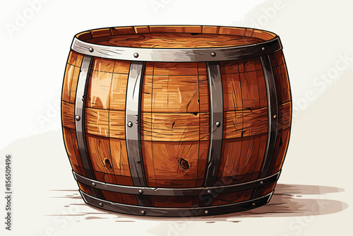 Wooden barrel for wine or other drinks, studded with iron rings on a white background. 3D vector. High detailed realistic vector and illustration. 
