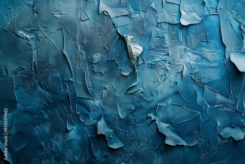 A blue wall with a lot of paint peeling off. The wall has a lot of texture and the paint is chipping off in different directions. Scene is somewhat chaotic and disorganized