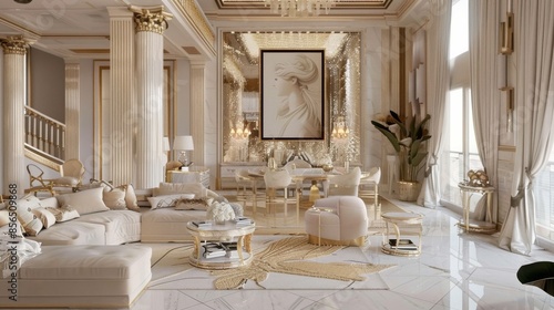 An elegant and luxurious living area boasting a white canvas backdrop, Adorned with sumptuous velvet furnishings and gilded accents, Modern classic glamour style © Keyho